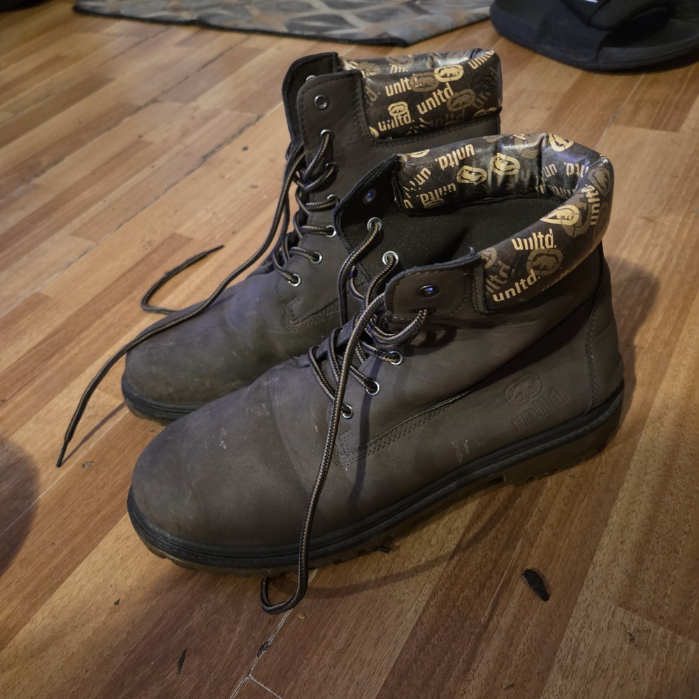Ecko Unlimited Men's Brown Lace-Up Work Boots with Branded Collar